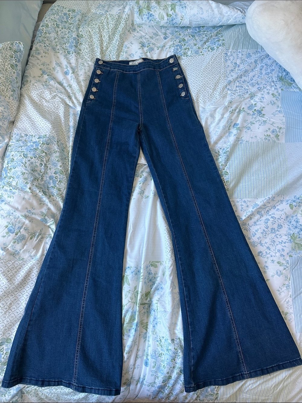Flying Tomato Navy High-Rise Wide Leg Jeans with Side Button Detail